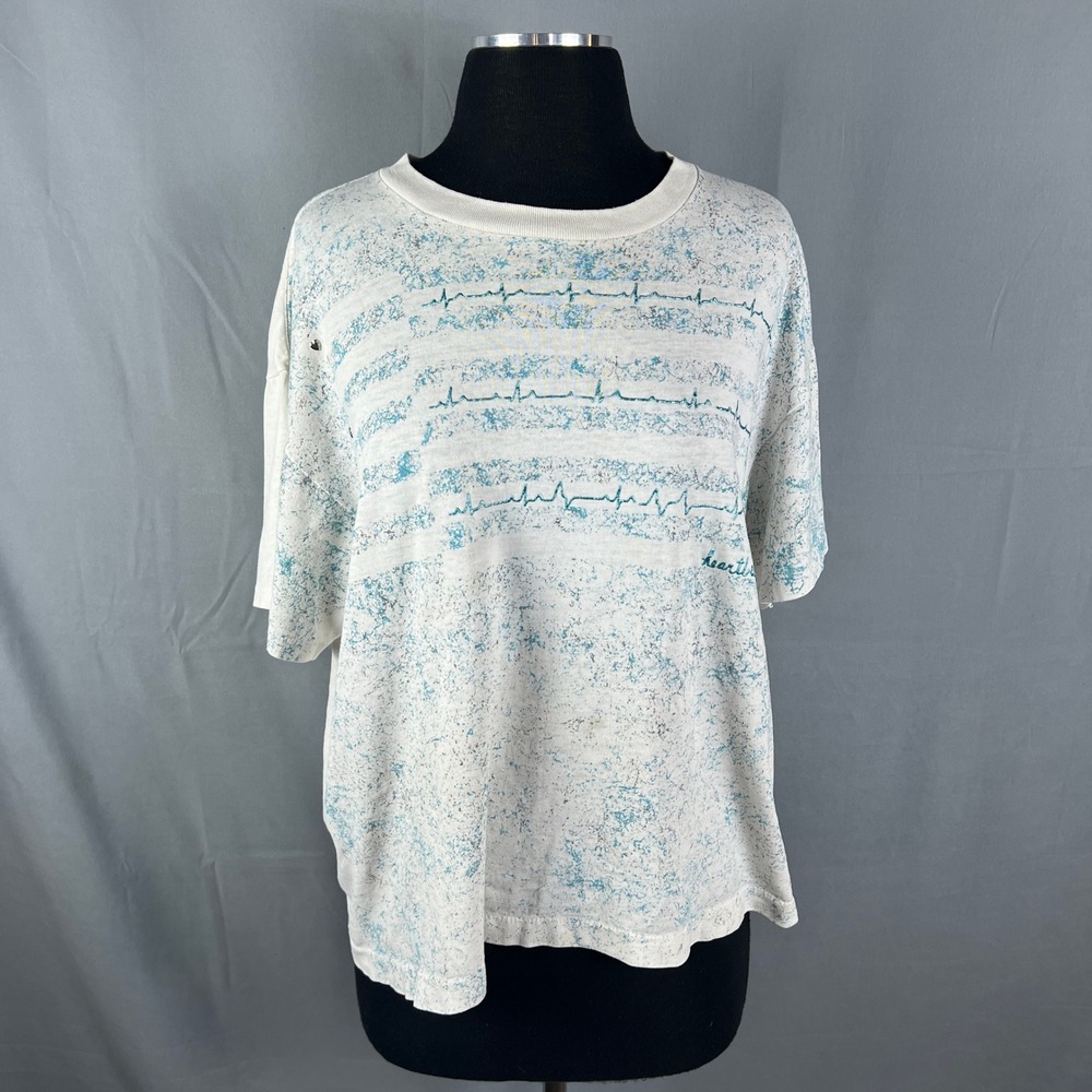 VTG Hef T By Tee Jays Womens XL White Speckled ECG Heartbeat Line Single Stitch